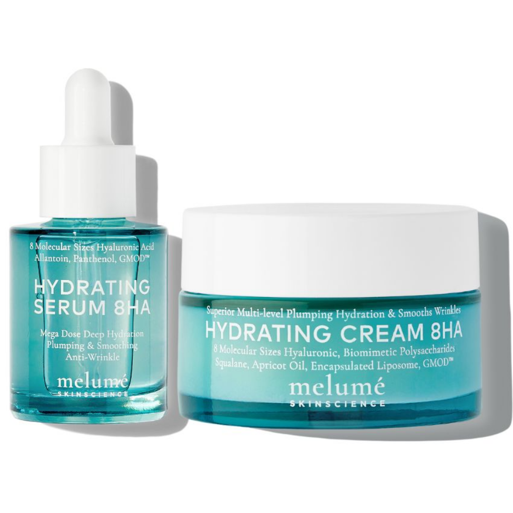 image packshot of hydrating duo. Packshot hydrating serum and hydrating cream 8HA