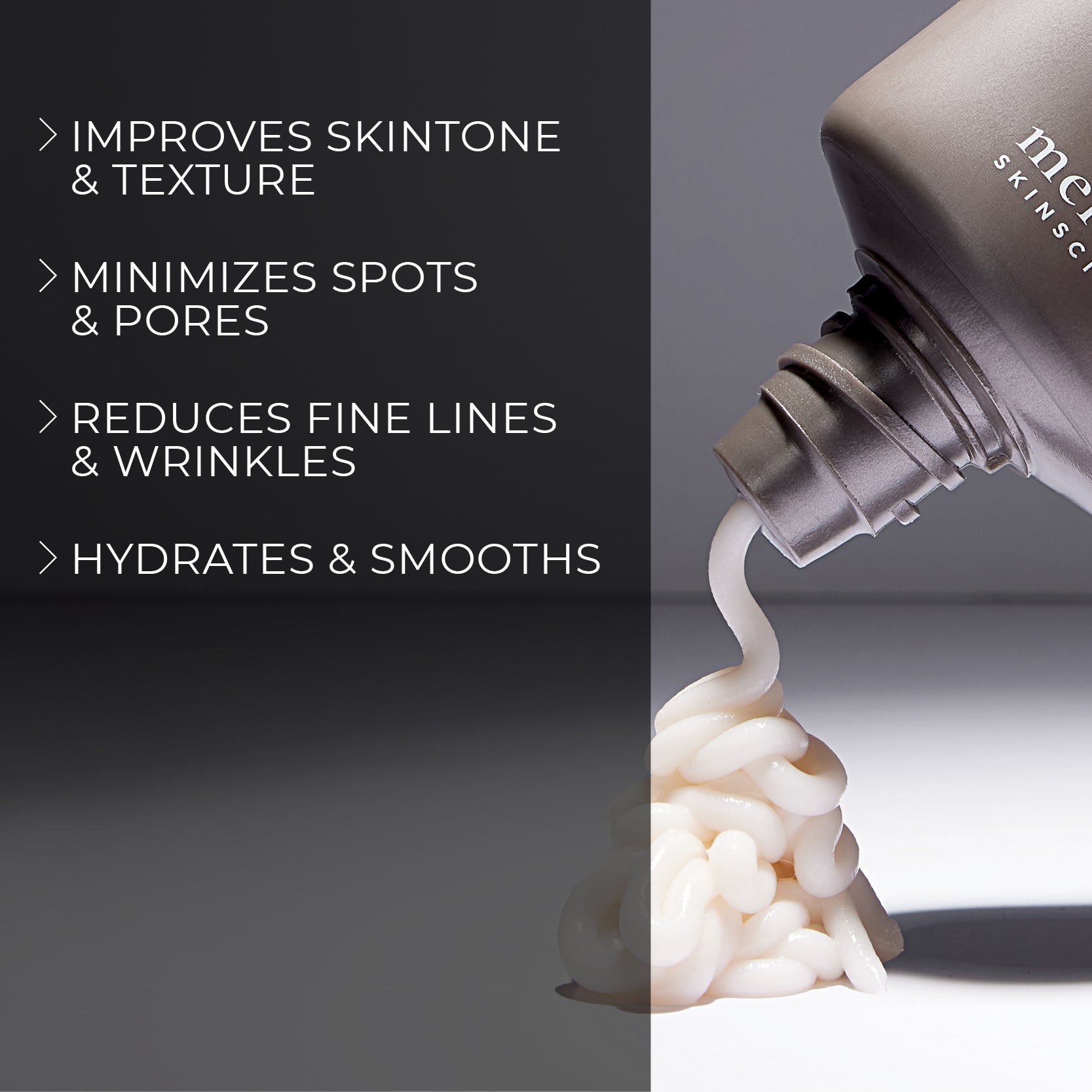 image mood of Melume Skinscience's pro strength multi-acid micro peel and benefits bullet points such as improves skintone and texture, minimizes spots and pores, reduces fine lines and wrinkles, hydrates and smooths