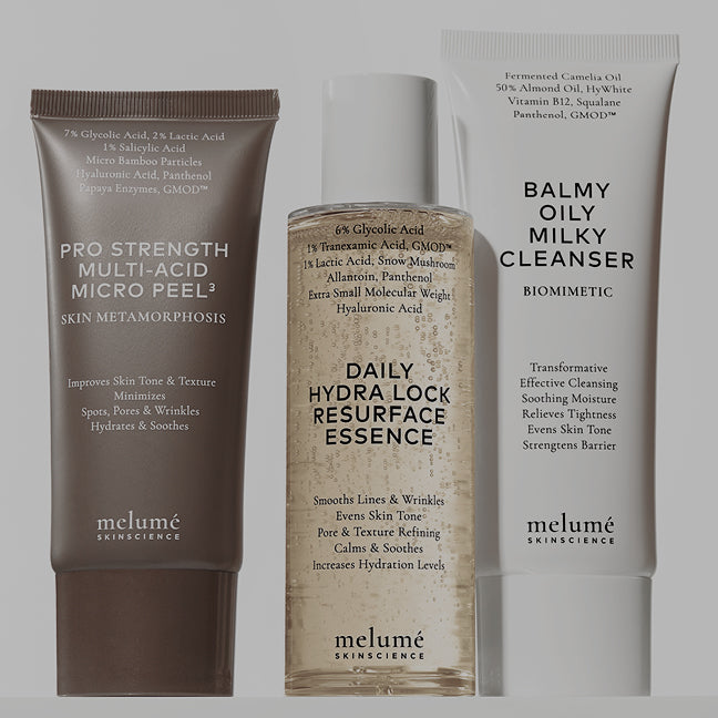 image of peeling, essence, cleanser standing next to each other