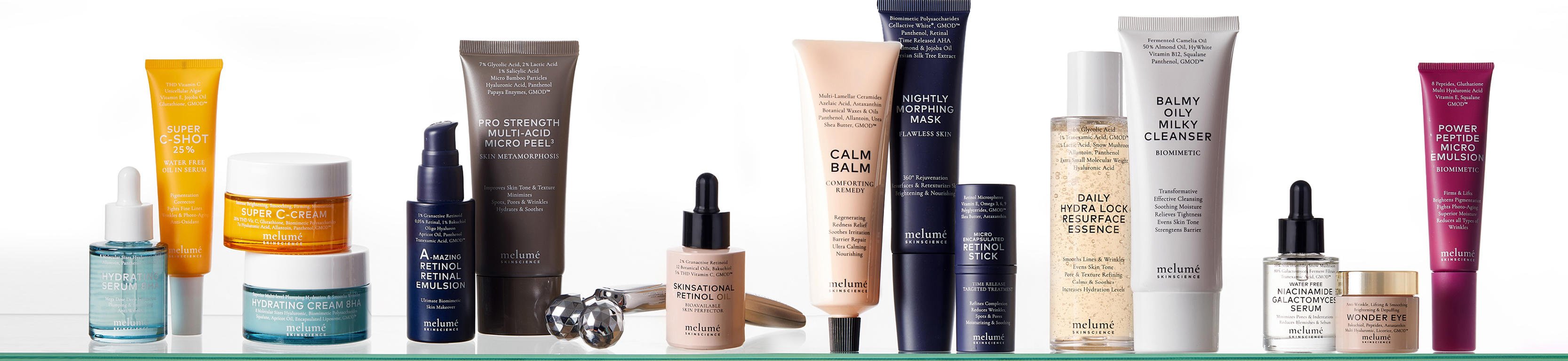 banner landing page of all melume skinscience products in a row