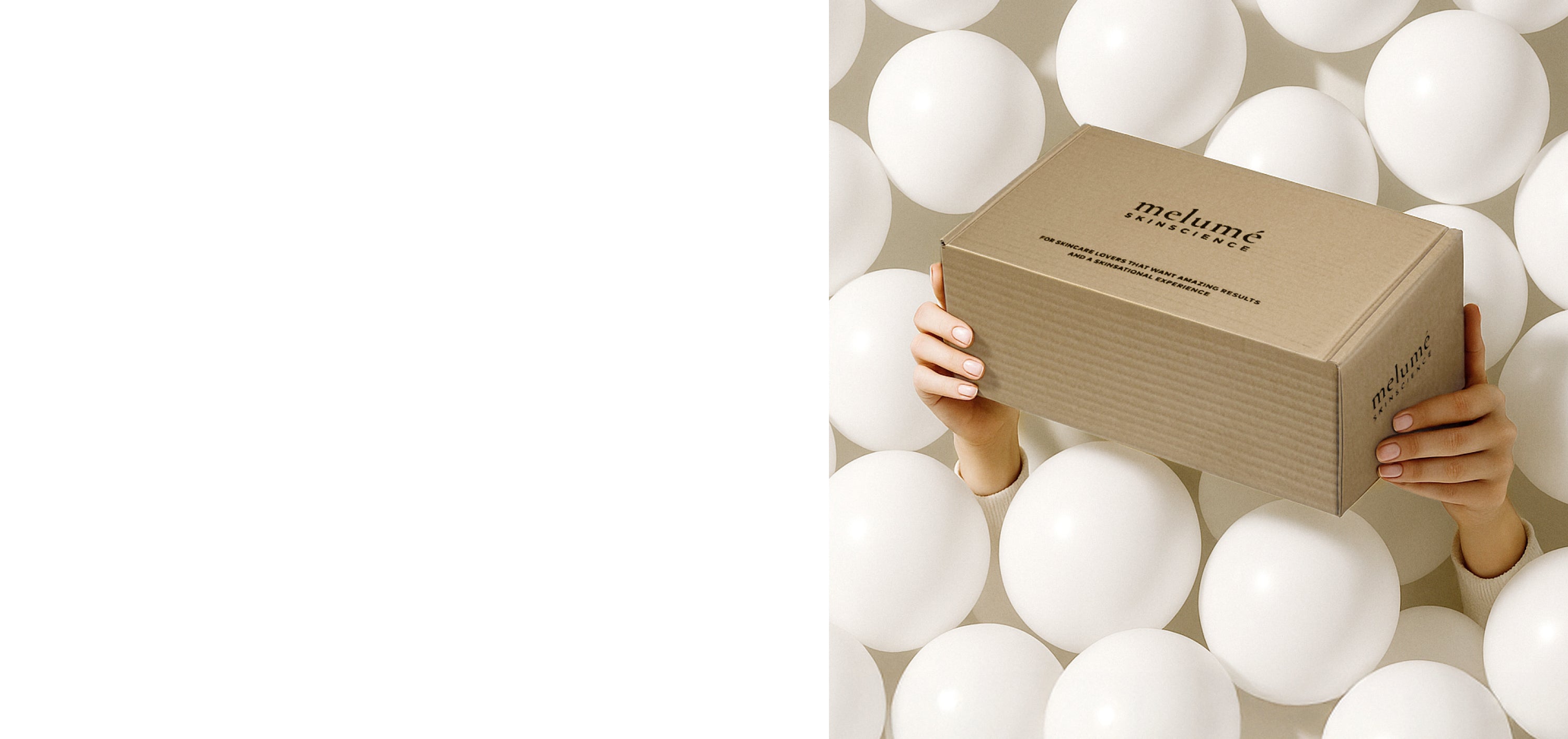 header melume skinscience 2. anniversary showing delivery box sticking out of many balloons.