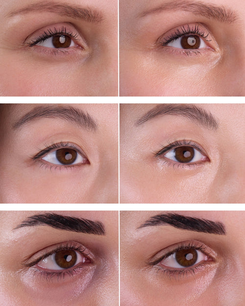 Load image 1 in gallery view. A six-panel before-and-after comparison collage showing close-up views of a woman's eyes, eyebrows, and under-eye area, demonstrating the effects of an eye makeup or cosmetic treatment.