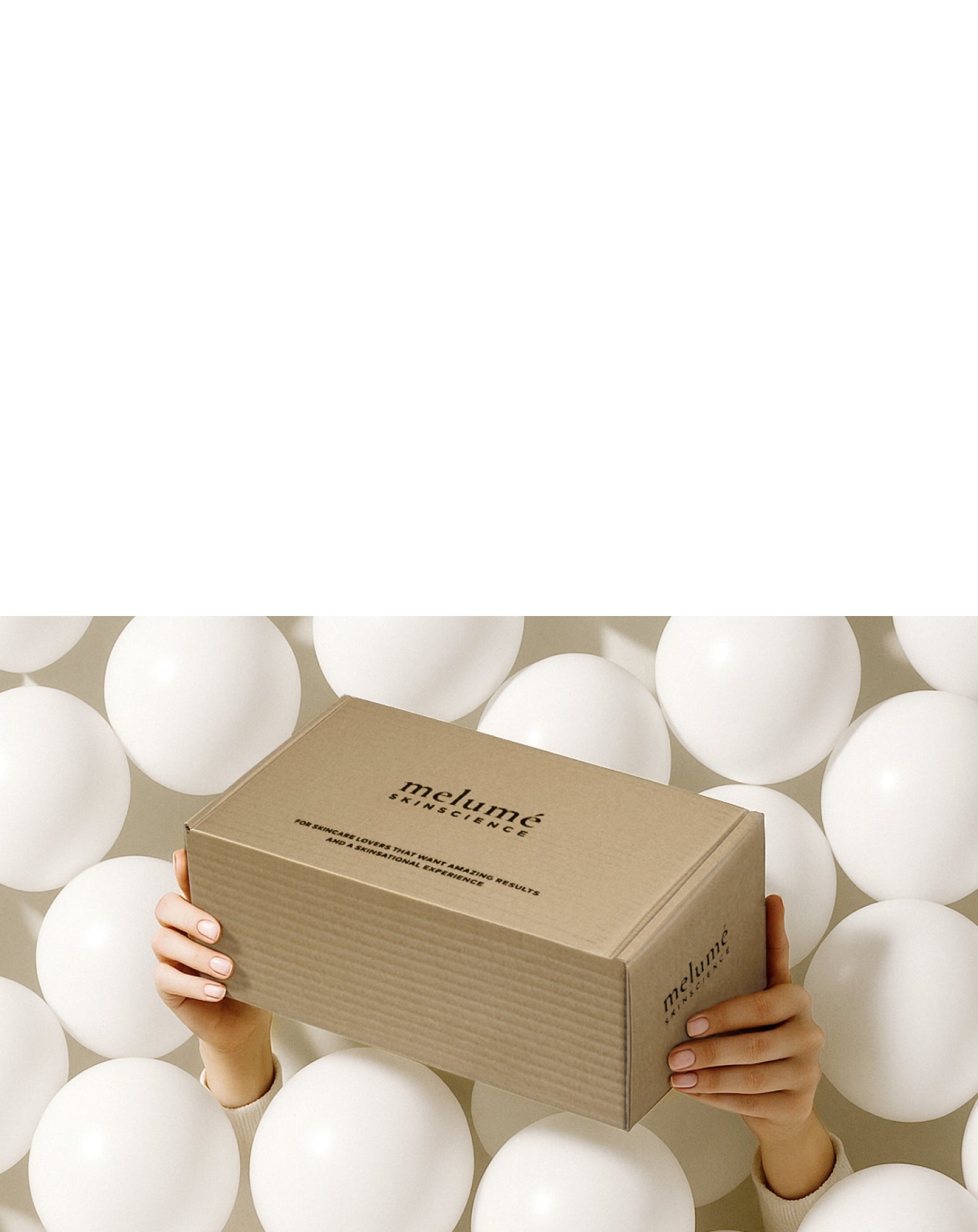mobile header melume skinscience 2. anniversary showing delivery box sticking out of many balloons.